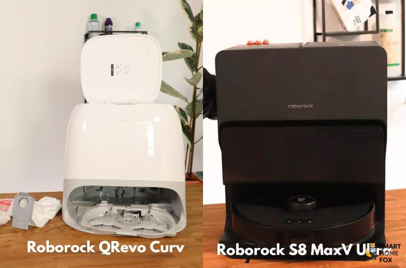 Die beiden Basisstationen vom Roborock S8 MaxV Ultra und Roborock QRevo Curv stehen nebeneinander